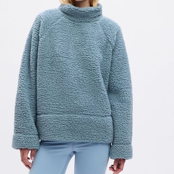 Mockneck Pullover Sherpa sweatshirt, women size Large, Teal, 3/4 sleeve Cozy - Picture 1 of 10